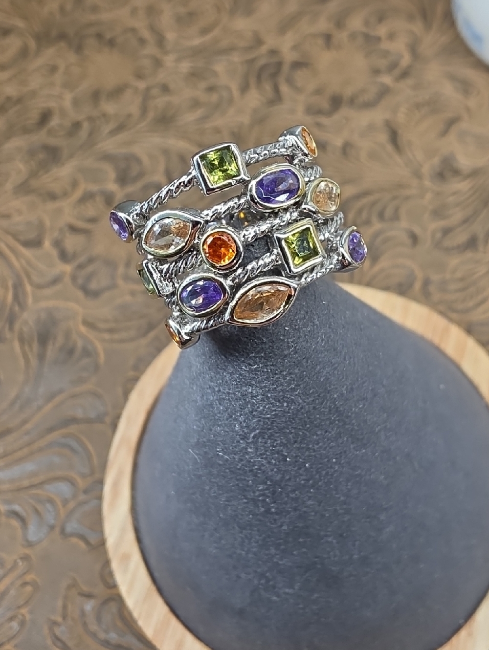 Vintage Multi-Color Confetti Oval Square Stone Multi Stack Silver Stackable Ring - Picture 5 of 7